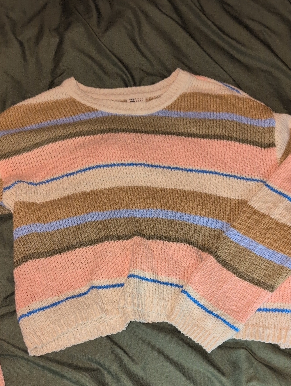 Billabong Pastel Striped Crewneck Sweater - Pink, Tan, Blue
